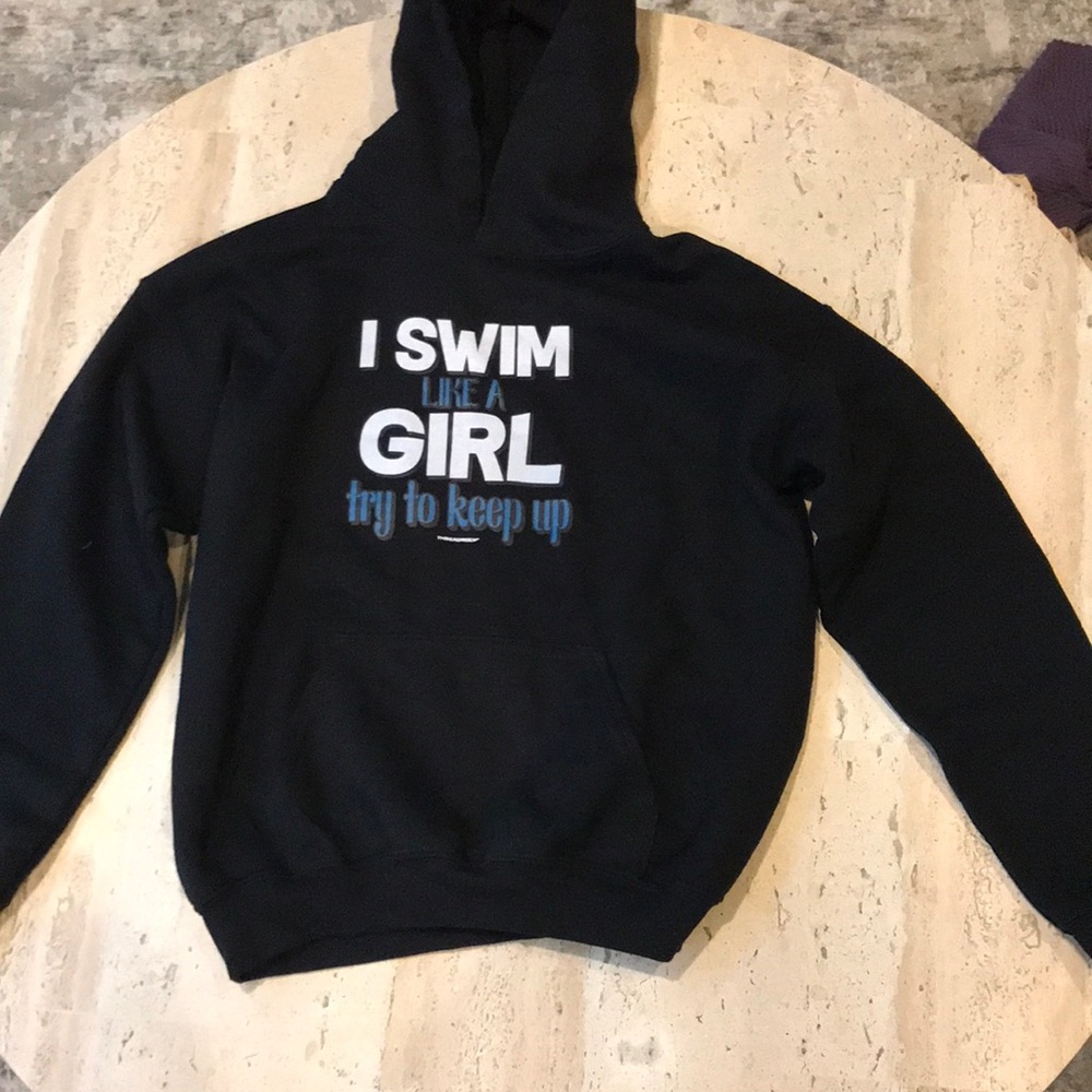 Gildan - Large Black Hoodie That says “I Swim Like A Girl, Try To Keep Up”